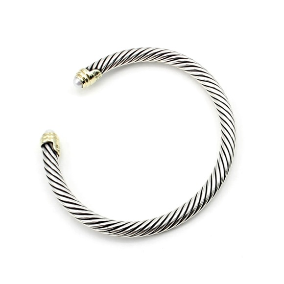 ♥️SOLD♥️DAVID YURMAN * Classic Sterling Silver & 14K Gold Pearl 5mm Cable Cuff - Picture 3 of 6